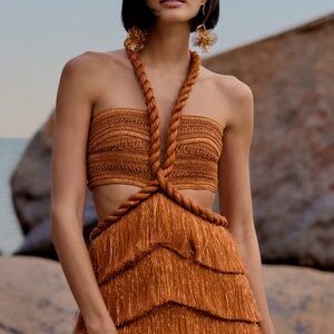 PatBO PAMPAS FRINGE CUT OUT MINI DRESS Bronze size 6